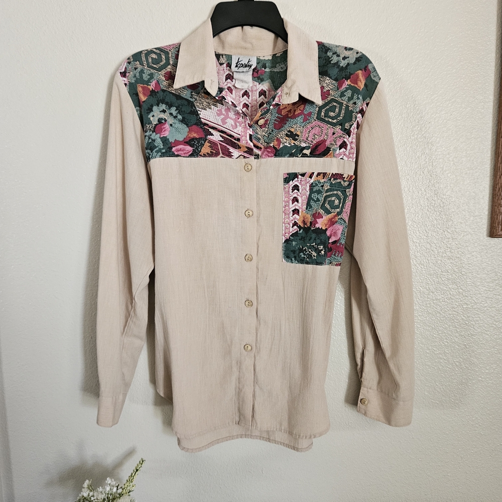 Beige Button-Up Shirt with Floral Patchwork Yoke